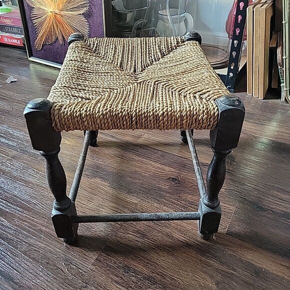 Vintage 1960 Rope Rush Twine Seat Foot Stool Arts and Crafts Primitive Rustic - Picture 2 of 12